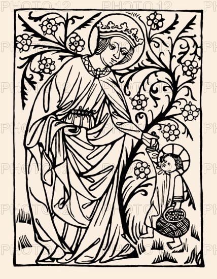 Saint Dorothy, Dorothea of Caesarea with the Christ-child, wood engraving, 1410