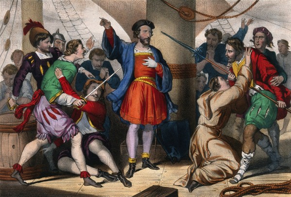 Christopher Columbus admonishes his men for their lack of courage
