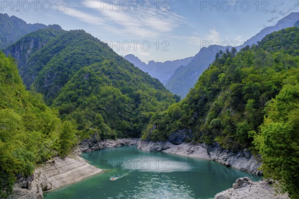 Pian Falcina, bathing beach on Lago di Mis, Sospirolo, Belluno, Veneto, Italy