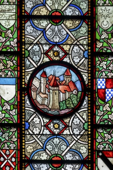 Colourful stained glass windows, Notre-Dame Cathedral, former episcopal church of the diocese of Lausanne, today the main reformed church of the city of Lausanne, canton of Vaud, Switzerland