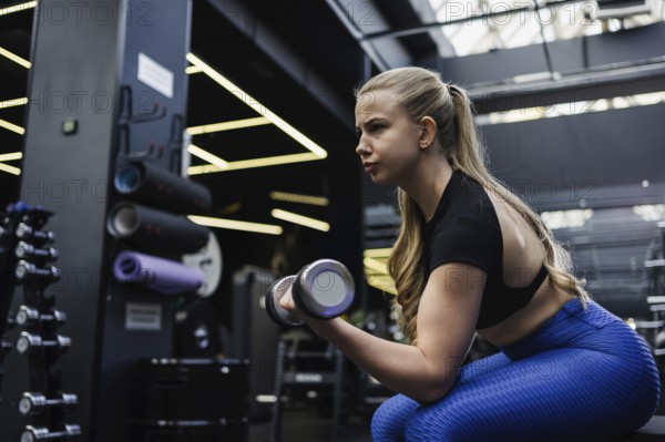 A focused blonde woman with blond hair performs bicep curls in a contemporary gym. She is wearing a black top and blue leggings, surrounded by fitness equipment and bright lighting