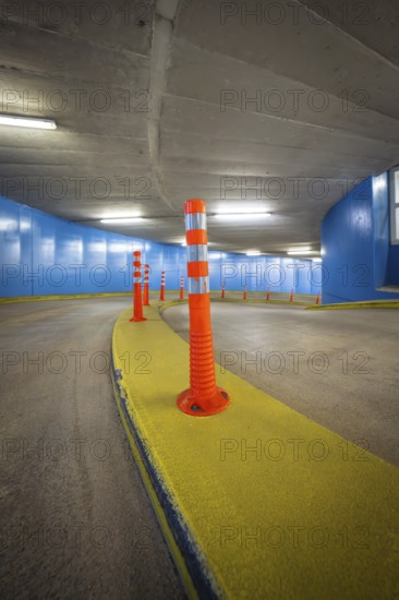 Car park curve with orange cones and blue walls, ZOB car park of Stadtwerke Calw, Calw, district of Calw, Black Forest, Germany