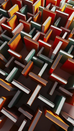 Bright books stand out among darker volumes, inviting exploration and learning in a unique library setting at twilight