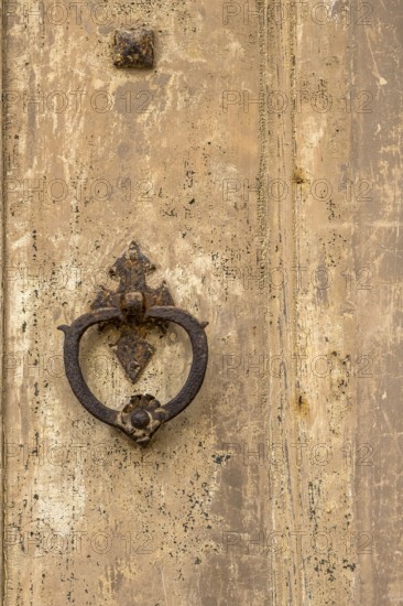 Door knocker on an old wooden gate, Galatina, Apulia, Italy