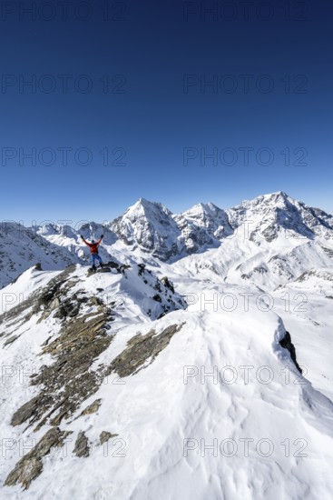 Ski tourer stretches his arms triumphantly into the air, summit happiness at the summit of the Madritschspitze, mountain panorama with snow-covered mountain landscape in winter, view of mountain peaks Königsspitze, Monte Zebru and Ortler, Ortler Alps, Vinschgau Valley, Italy