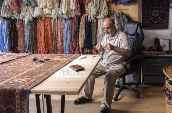 An Iranian master craftsman meticulously restores a carpet in his well-organized workshop in Salzburg, Austria, surrounded by colorful yarns