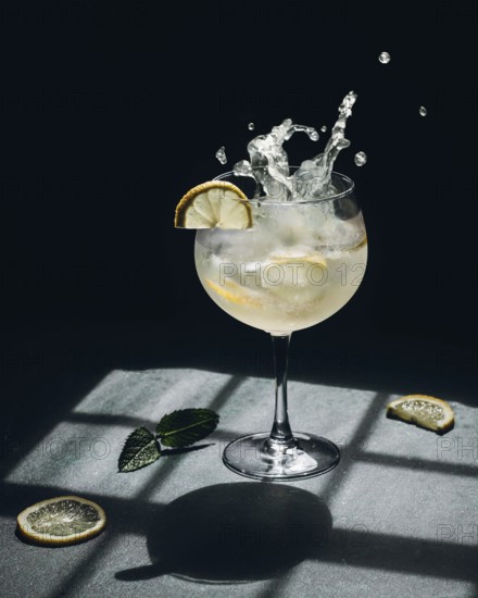 A vibrant gin tonic cocktail with lemon slices splashes in a crystal glass. Sunlight creates a playful pattern on the table, emphasizing the refreshing essence of the drink