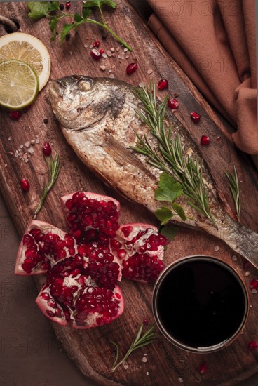 Fried dorado fish, with spices and herbs, on a wooden board, pomegranate sauce, close-up, no people