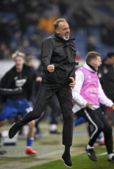 Unrestrained goal celebration, jumping for joy, coach Pellegrino Matarazzo TSG 1899 Hoffenheim Europa League, PreZero Arena, Sinsheim, Baden-Württemberg, Germany