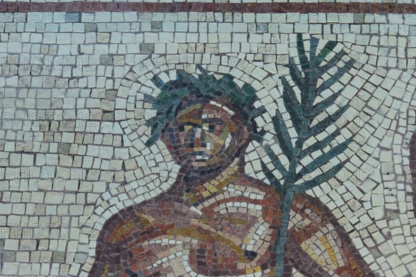 Mosaic depiction of a figure with palm tree, consisting of colorful stones, Museum of the History of the Ancient Olympic Games, Olympia, Peloponnese, Greece