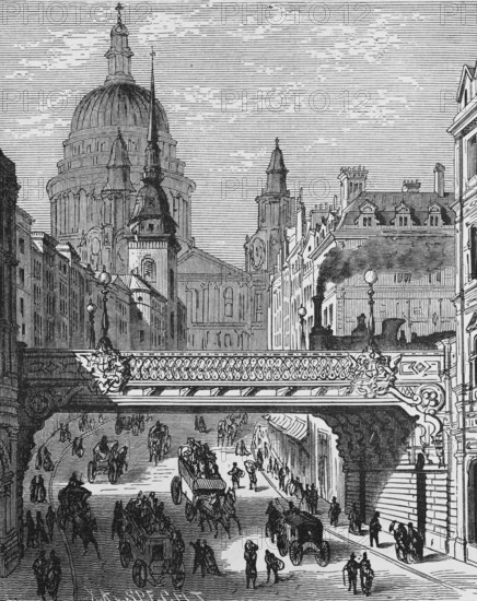 Street in the centre of London with St. Paul's Cathedral, St. Paul's Cathedral, dome, horse-drawn carriage, many people, old buildings, bridge, geography, England, historical illustration 1888