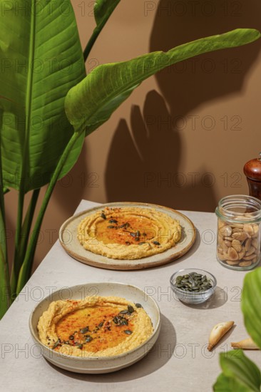 Aesthetic presentation of hummus topped with paprika and seeds, set against a natural background with green leaves and complementary ingredients, creating a warm, inviting scene