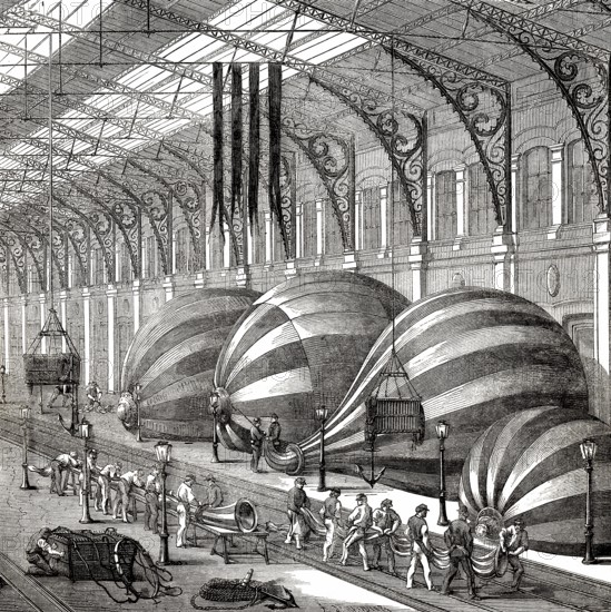 Herstellung von Beobachtungsballons oder Spionageballons für Schlachtfeld- und Artilleriebeobachtung, Manufaktur der Gebrüder Godard im Bahnhof von Orleans, Frankreich, 1871