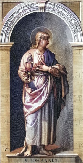 The Apostle John, according to the New Testament a disciple of Jesus Christ and identified in Christian tradition with Jesus' favourite disciple from the Gospel of John, St. John, Saint, coloured woodcut, digital reproduction of a 19th century original, Historical