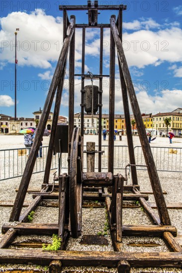 Equipment for the construction of the fortress walls, in Piazza Grande, Piazza Vittorio Emanuele, planned town with star-shaped layout, Palmanova, Unesco World Heritage Site, Friuli, Italy, Palmanova, Friuli, Italy