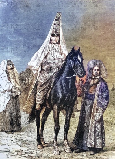 Bride in Kyrgyzstan, coloured wood engraving, reproduction of a model from ca 1888, historical, person in traditional traditional costume on a horse with attendants in traditional dress