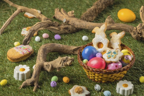 An Easter basket with cookies and eggs in a meadow surrounded by wooden decorations