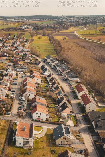 View of a rural residential development with single-family houses and surrounding fields, Ötisheim, Enzkreis, Germany