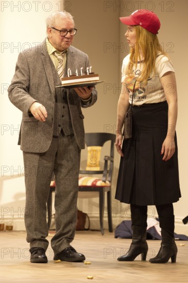 Joachim Krol (Wolfgang), Christin Nichols (Helena), Sophia oder das Emde der Humanisten, German premiere, photo rehearsal on 11.03.2026 at the Renaissance Theatre, Berlin, premiere on 15.03.2026