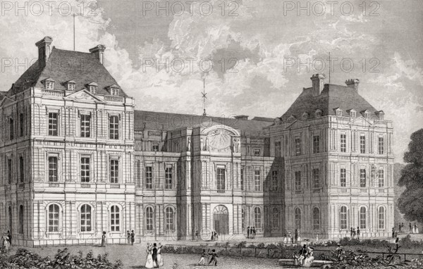 The Luxembourg Palace, Paris, antique steel engraved print, 1831