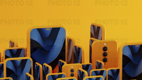 Many yellow frame smartphone exist with blue abstract art displayed on the screen. This creates a modern mobile background. 3D effect
