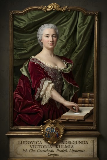 Die Gottschedin, Ludovica Viktoria Kulmus, woman of Prof. Johann Christoph Gottsched of Leipzig, writer, dramaturge, poet, portrait, woman, enlightenment, historical illustration, digitally edited