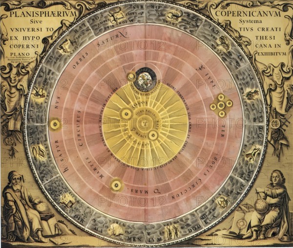Copernicus' worldview, the sun as the center of the universe, historical illustration, digitally edited, geography, earth, earth surface, historical figure