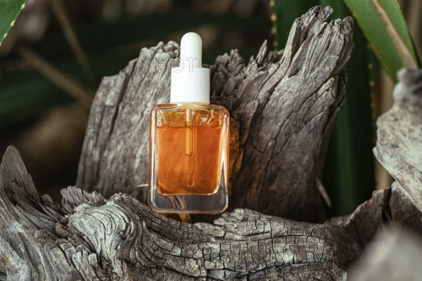 A clear bottle of Vitamin C serum for face care is displayed in a rustic wooden setting surrounded by green foliage, highlighting natural beauty and skincare