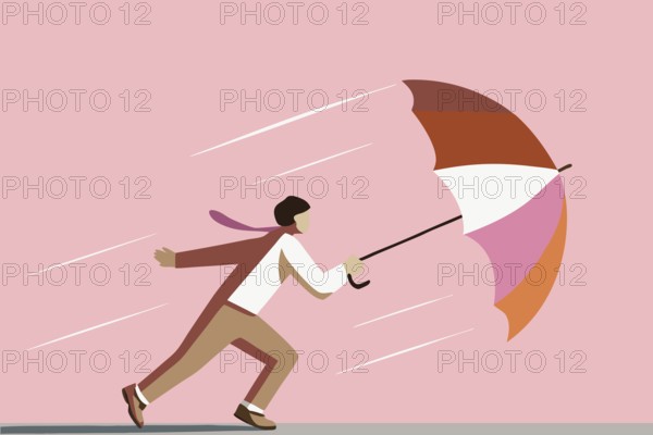 Businessman struggling against strong wind with umbrella. Adversity concept