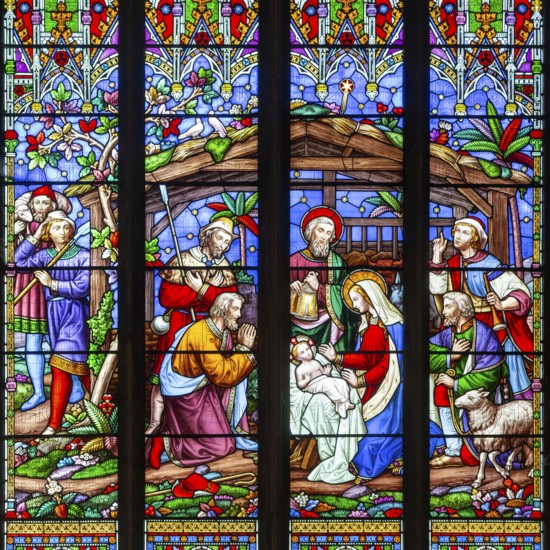 Detail of stained glass window Adoration of Shepherds by William Wailes 1861, Christ Church, Swindon, Wiltshire, England, UK