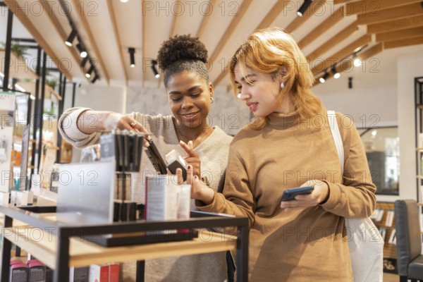 Two women in a bright cosmetics store share a friendly interaction while exploring makeup products. The setting emphasizes modern design, natural light, and diverse beauty selections