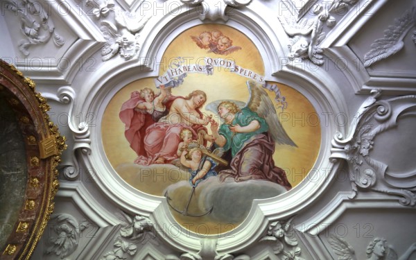 Benediktbeuern Abbey, former Benedictine Abbey, today a branch of the Salesians of Don Bosco, choir room of the monastery church of St. Benedict, vaulted paintings by Hans Georg Asam, are considered the earliest frescoes of Old Bavarian Baroque art, Bad Tölz-Wolfratshausen district, Upper Bavaria, Bavaria, Germany