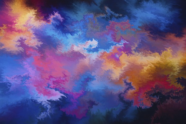 A stunning abstract image featuring vibrant swirling colors and textures. The dynamic composition evokes a sense of energy and movement, with a rich blend of blues, purples, and oranges