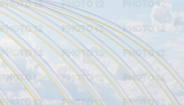 Elegant transparent arcs gracefully intersect against a serene cloudy sky, infused with subtle pastel hues The delicate interplay of light and color evokes a dreamy atmosphere