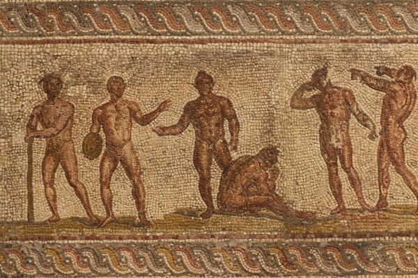 Ancient mosaic with various athletes, Roman motif, Patras Archaeological Museum, Patras, Peloponnese, Greece