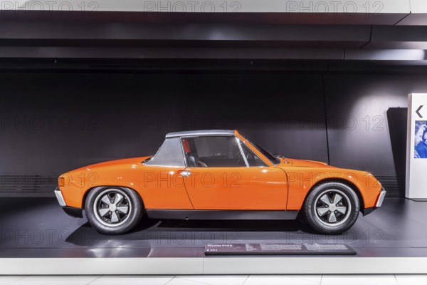 Porsche Museum Stuttgart-Zuffenhausen. Porsche 914 S from 1969. The automotive museum of Dr. Ing. h.c. F. Porsche AG shows racing cars and iconic cars from automotive history. interior view. Stuttgart, Baden-Württemberg, Germany