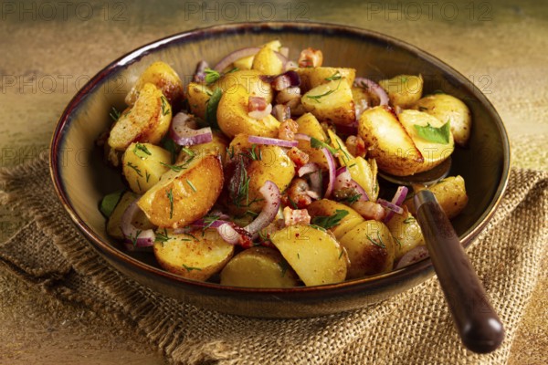 German potato salad with bacon, onions and herbs, plate on a wooden table, rustic style, no people