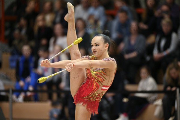 Maya Nickonchuck AUT with handheld club rhythmic gymnastics, RSG Turnen Schmiden International 2026, Fellbach, Baden-Württemberg, Germany