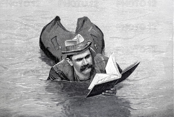 The technician F.W. Kuhl swimming down the Rhine near Cologne in the life jacket he invented, 1896, illustration, reproduction from a model from the 19th century. Authentic, file restored for optimal use, exact date of submission unknown, Historical, a man swims in water while reading a book and wearing a hat
