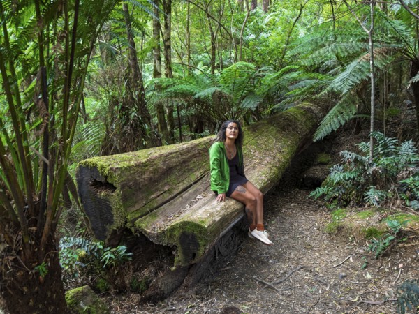 A woman in a green jacket sits on a large fallen tree trunk surrounded by lush forest greenery in the Great Ocean Road, Australia. The serene setting highlights the beauty and tranquility of nature