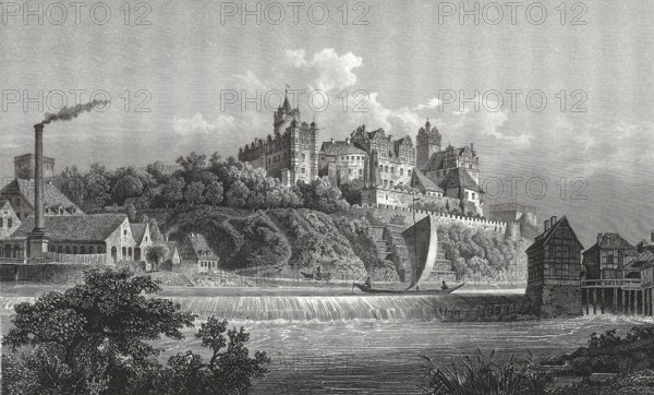 Bernburg Castle around 1860, also known as the Crown of Anhalt, Renaissance castle in Bernburg (Saale), Saxony-Anhalt, Germany, Illustration, Reproduction from a 19th century original. Authentic, file restored for optimal use, exact date of original unknown, Historic, Historic castle on a hill with river and sailing boat in natural surroundings