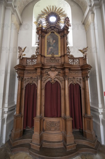 Historic confessional in the 18th century baroqueised Basilka St. Mauritius, Niederaltaich, Lower Bavaria, Germany