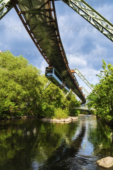 A suspension railway over the riverbed of the Wupper in Elberfeld, Wuppertal, Germany