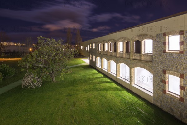 Night view of a well lit hospital with stone and brick facade. The scene includes a green lawn, a tree, and dynamic clouds under a dark sky, showcasing a peaceful ambiance