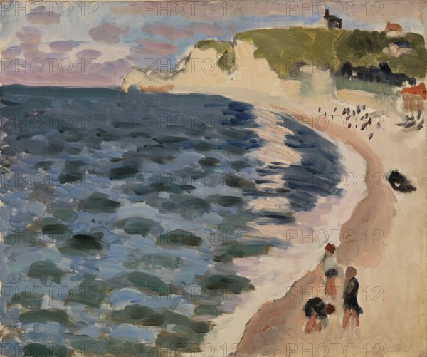 Henri Matisse, Henri Emile Benoit Matisse (born 31 December 1869, died 3 November 1954 in Cimiez), French painter, graphic artist, draughtsman, Classical Modernist. Here his work:, High Tide, Pleine mer (1920), Tide, Painting, Reproduction of the painting, Work of art, Historical, Beach landscape with gentle waves and cliffs in the background