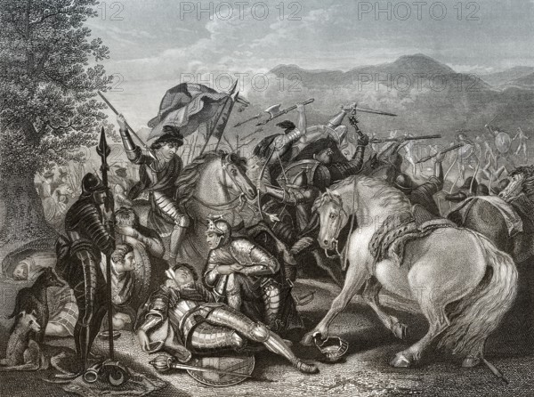 Die Schlacht von Otterburn zwischen englischen und schottischen Armeen am 5. August 1388