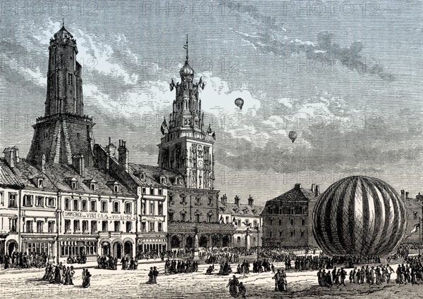 Departure of balloon le Neptune, Place d'Armes, Calais, France, 1868