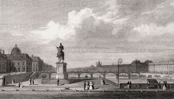 Pont Neuf, Paris, antique steel engraved print, 1831