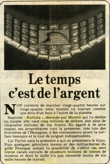 Montre Kallista, dessinée par le peintre Raymond Moretti et faite par Vacheron Constantin
(article paru dans France-Soir, 28 février 1985)