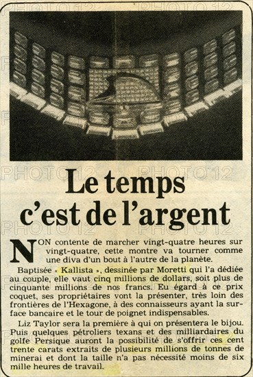 Montre Kallista, dessinée par le peintre Raymond Moretti et faite par Vacheron Constantin
(article paru dans France-Soir, 28 février 1985)